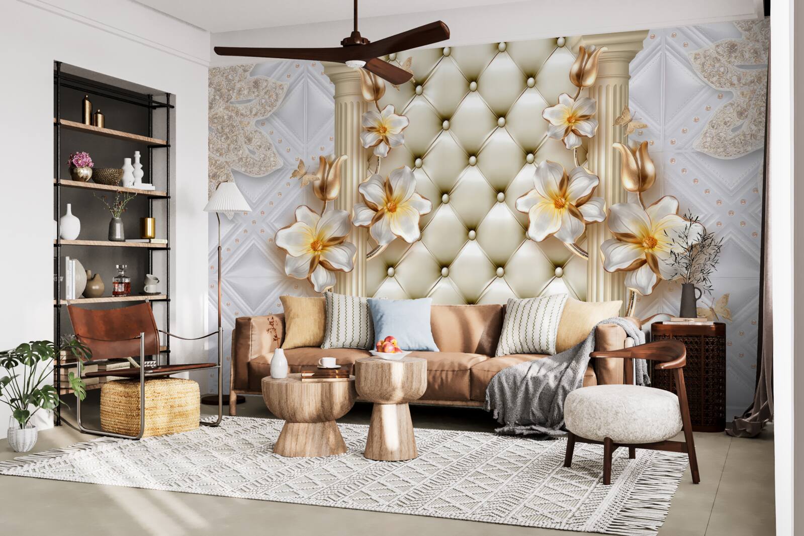 Fototapet perete decorat cu elemente matlasate în culori florale