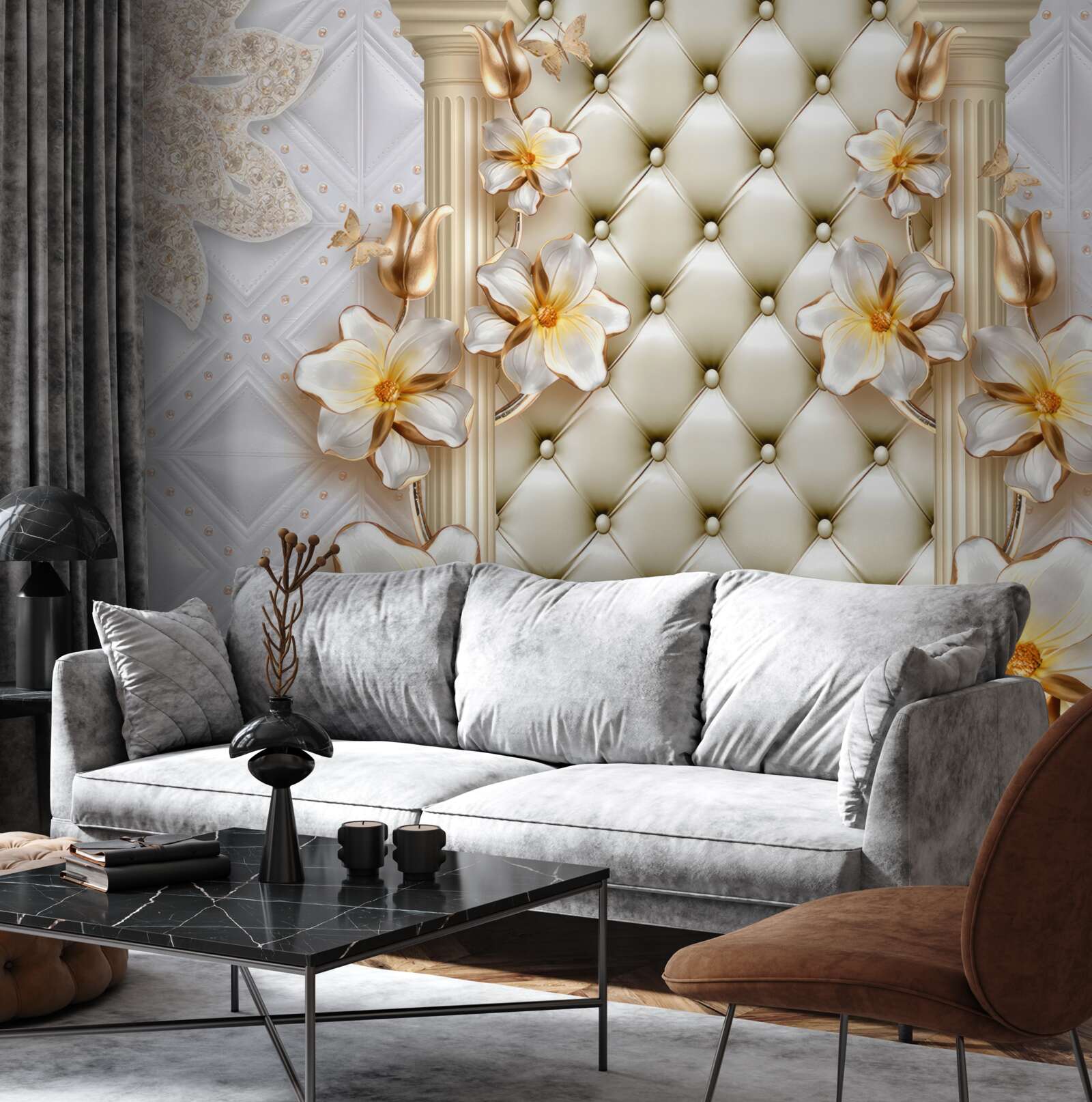 Fototapet perete decorat cu elemente matlasate în culori florale