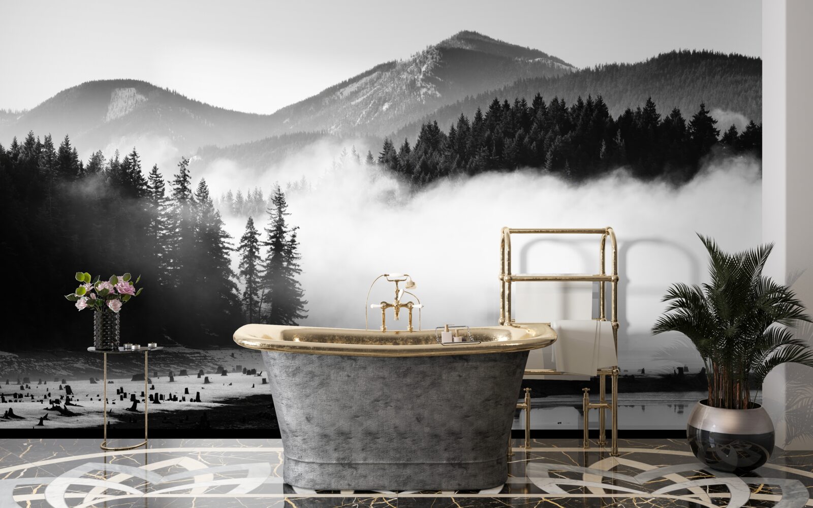 Fototapet vârfuri înzăpezite învăluite în ceață