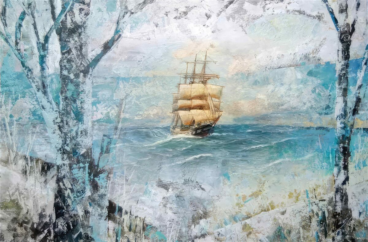 Fototapet imagine a unei nave care navighează pe ocean