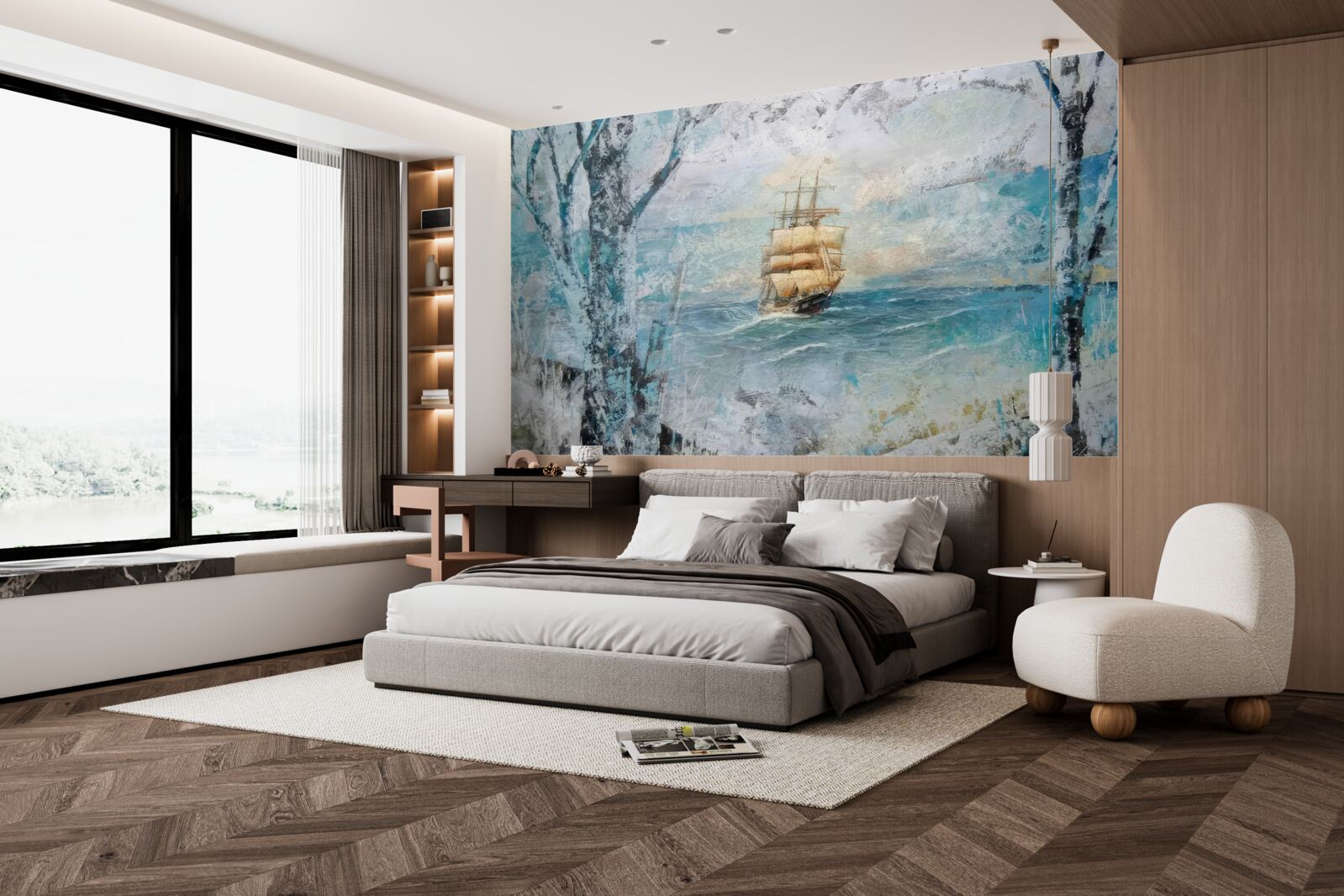 Fototapet imagine a unei nave care navighează pe ocean