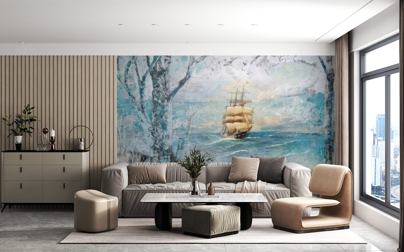 Fototapet imagine a unei nave care navighează pe ocean