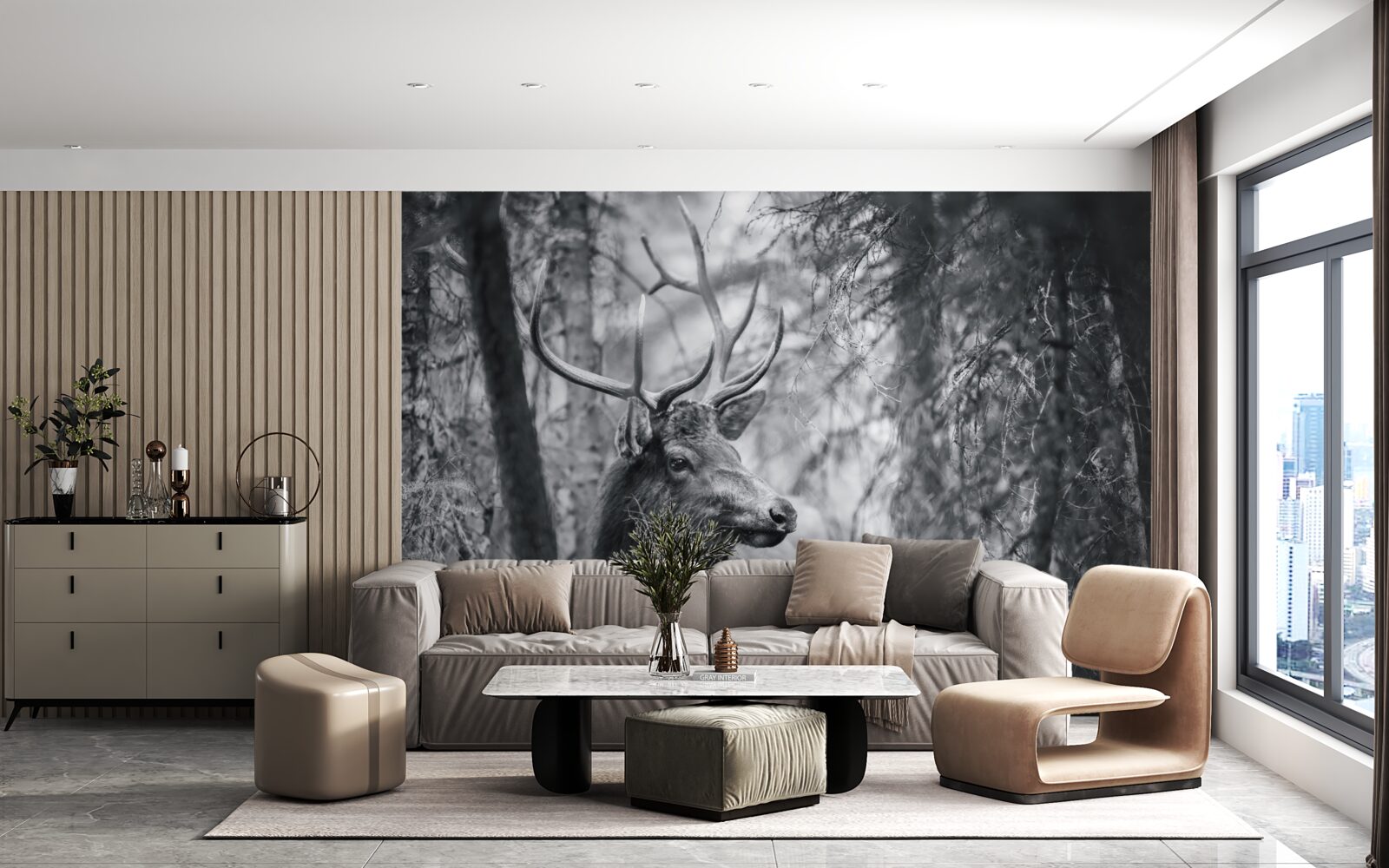 Fototapet o căprioară de pădure cu coarne formează o cărare