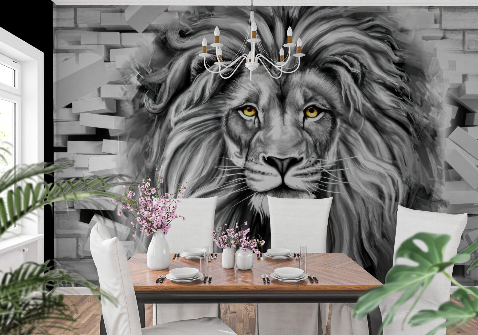 Fototapet fața leului în alb și negru