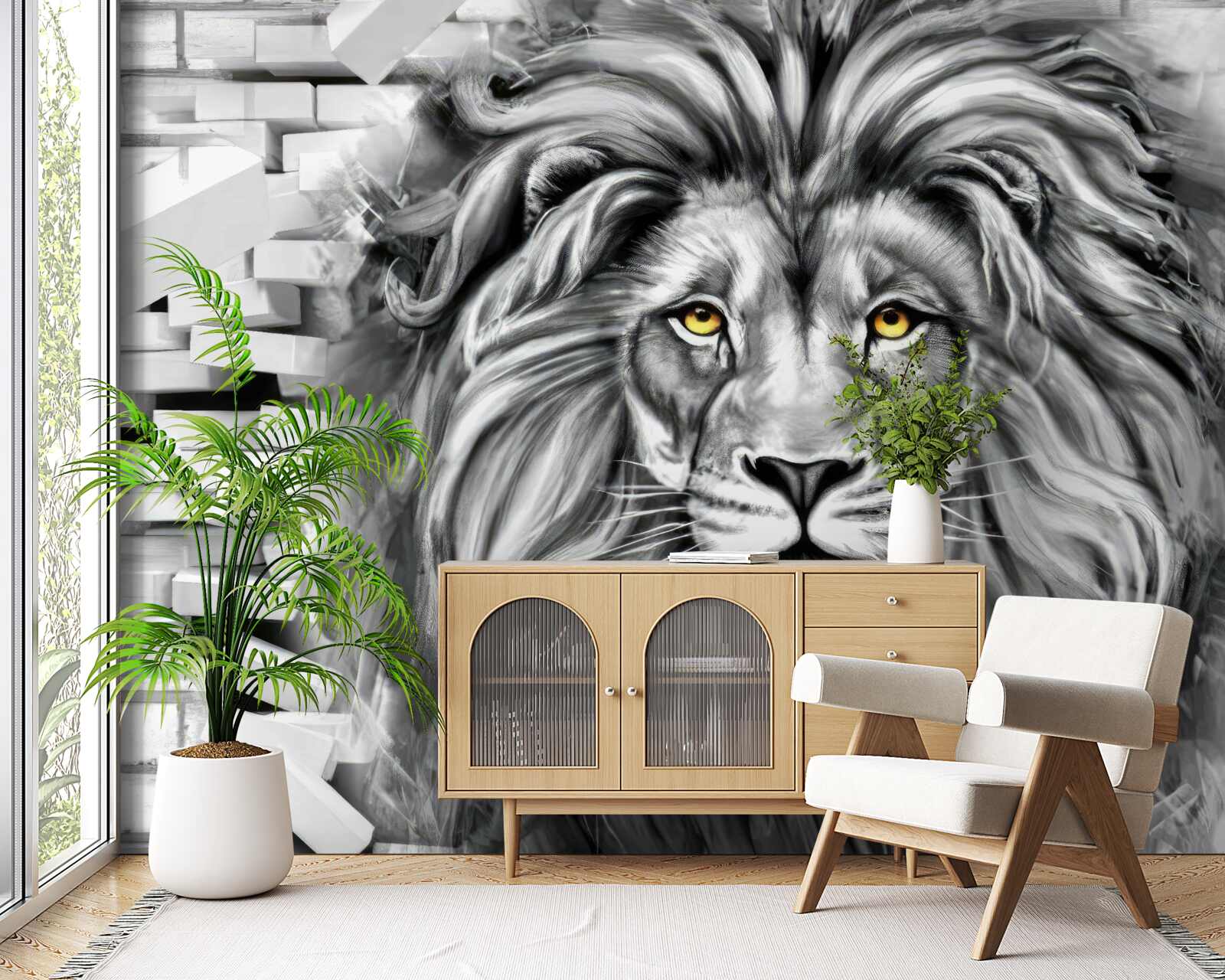 Fototapet fața leului în alb și negru