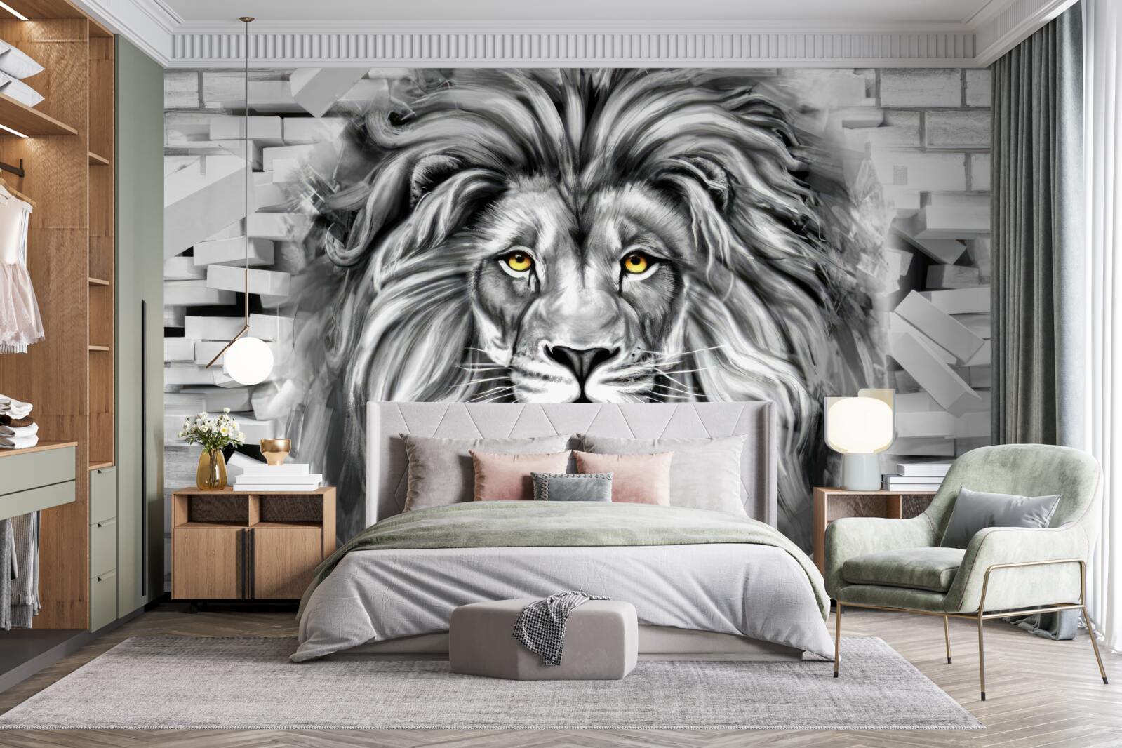 Fototapet fața leului în alb și negru