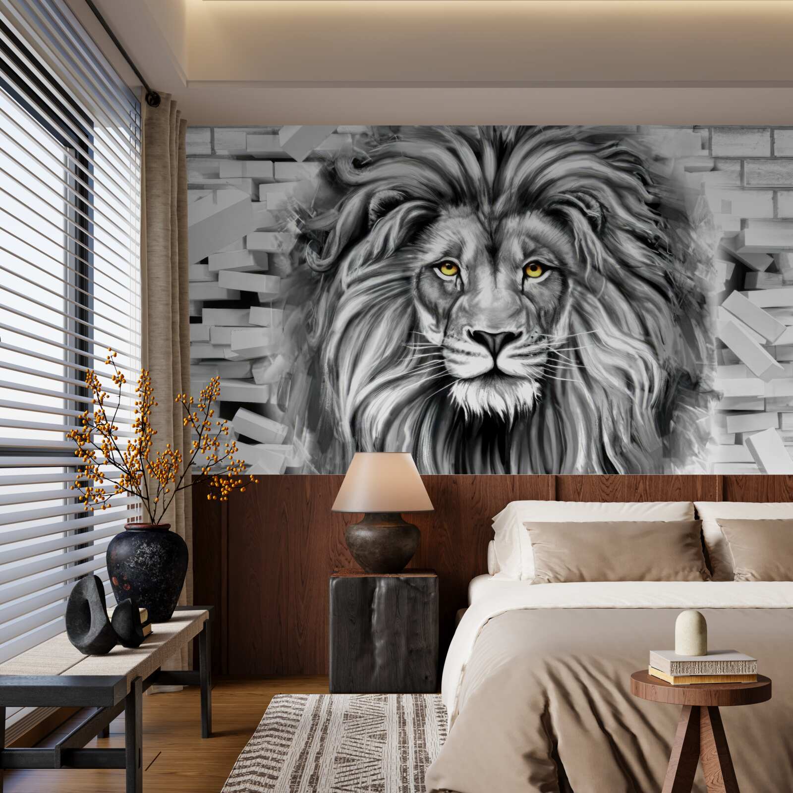 Fototapet fața leului în alb și negru
