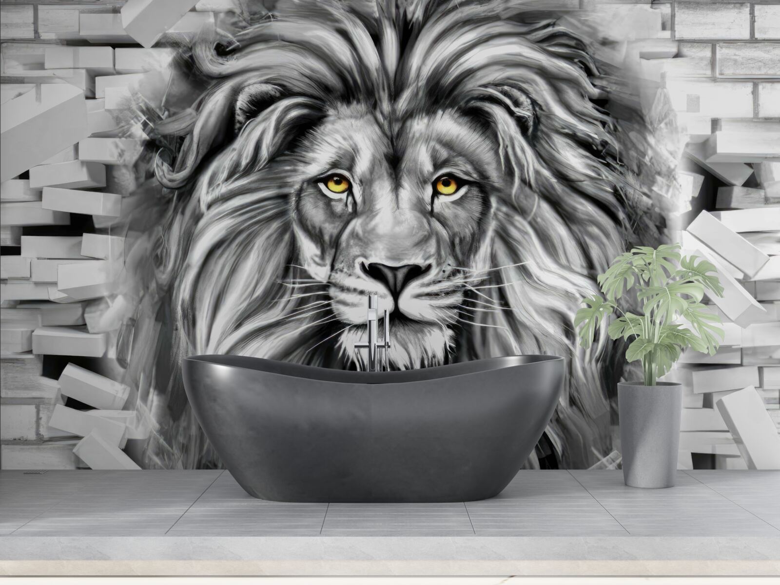 Fototapet fața leului în alb și negru