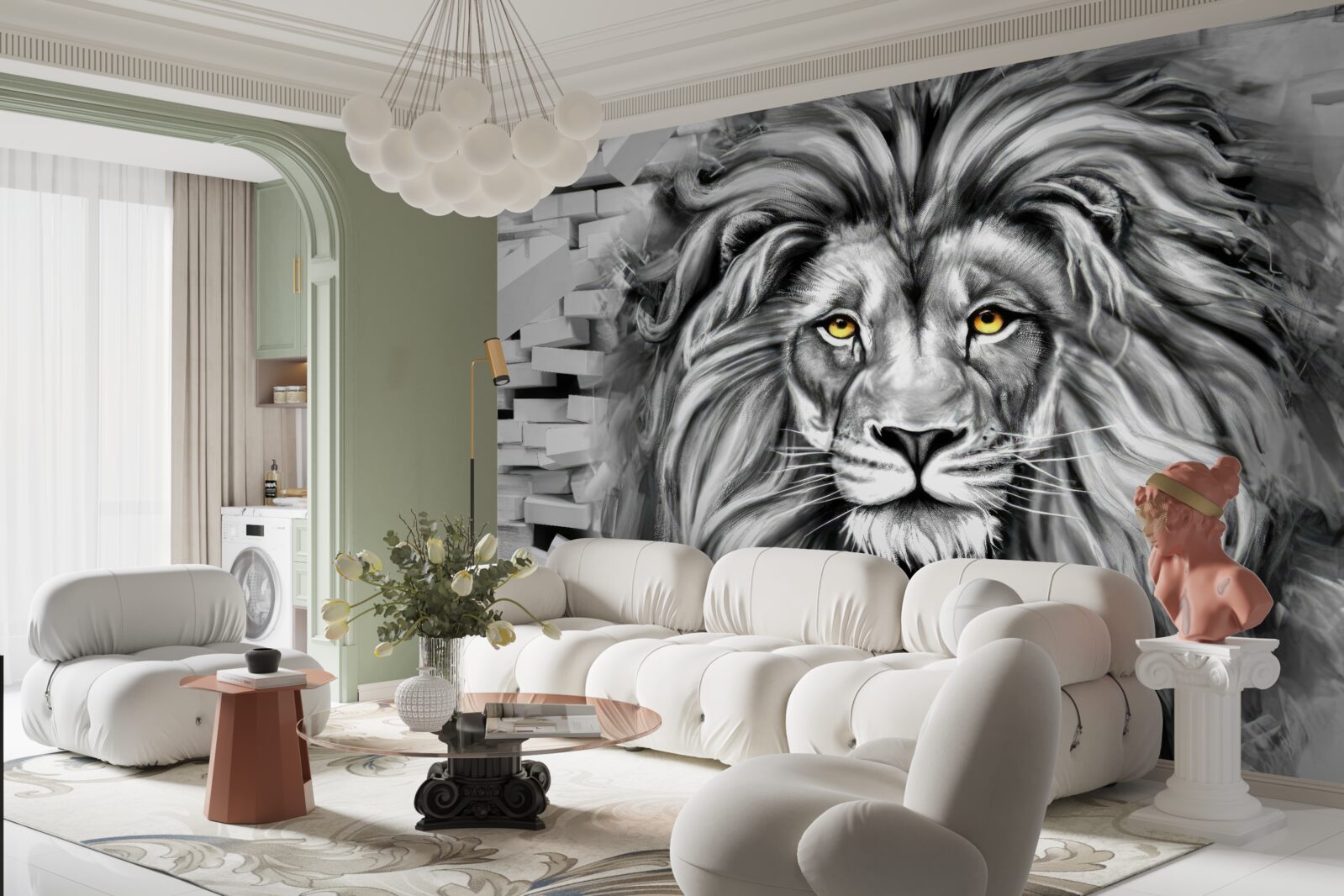 Fototapet fața leului în alb și negru