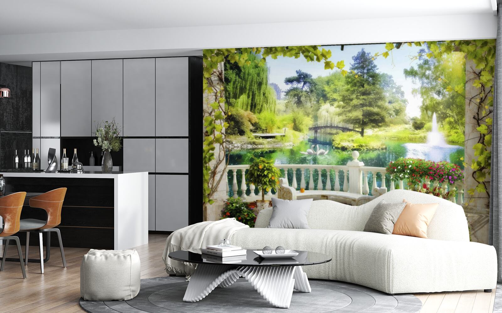 Fototapet o fereastră cu vedere la o cascadă și lebede înotătoare