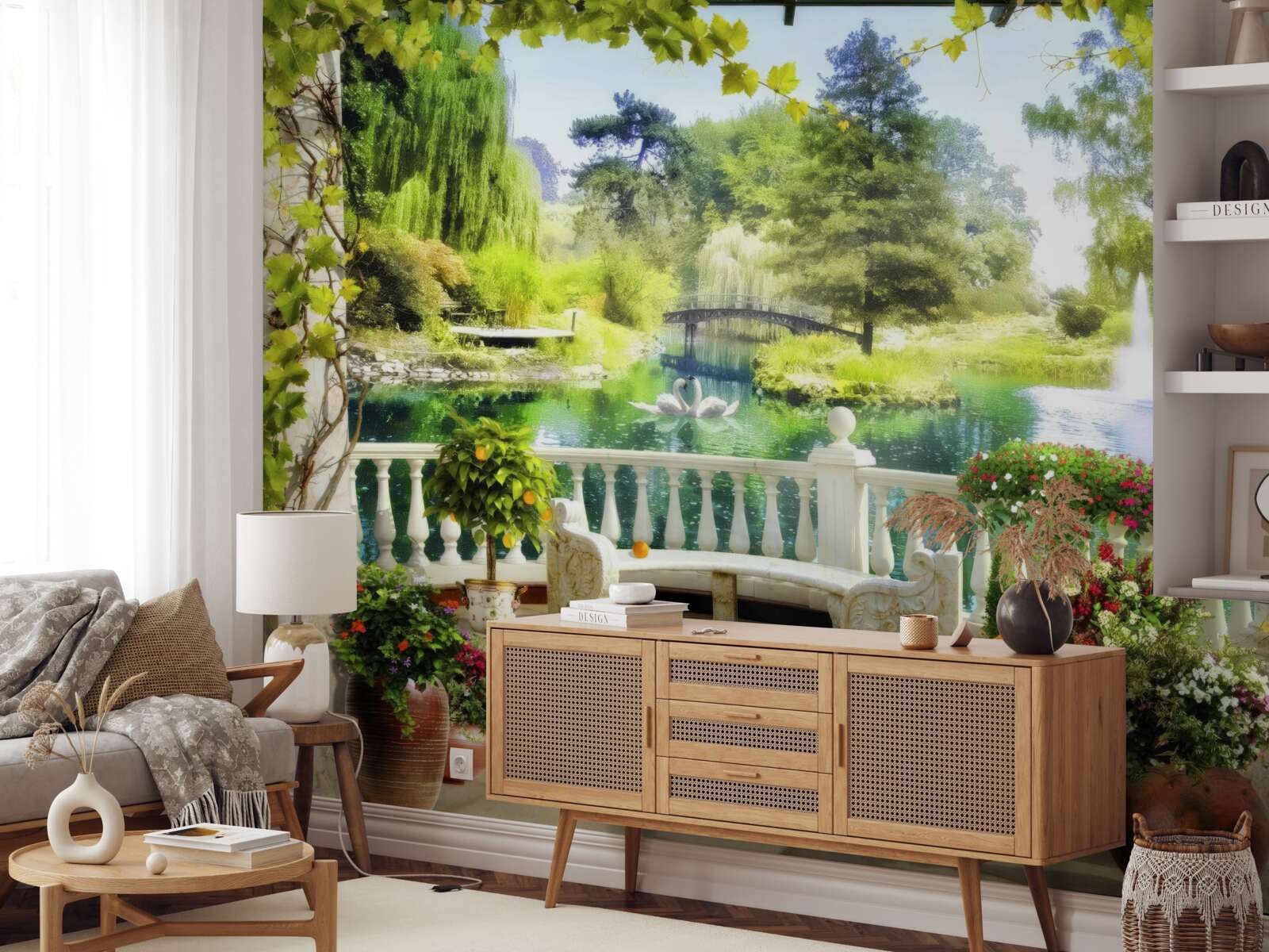 Fototapet o fereastră cu vedere la o cascadă și lebede înotătoare