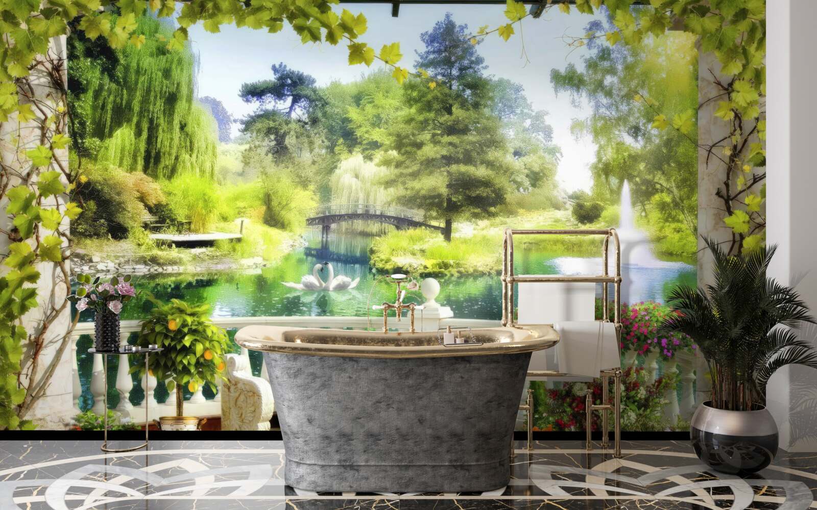 Fototapet o fereastră cu vedere la o cascadă și lebede înotătoare