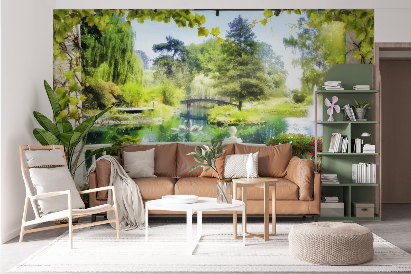 Fototapet o fereastră cu vedere la o cascadă și lebede înotătoare