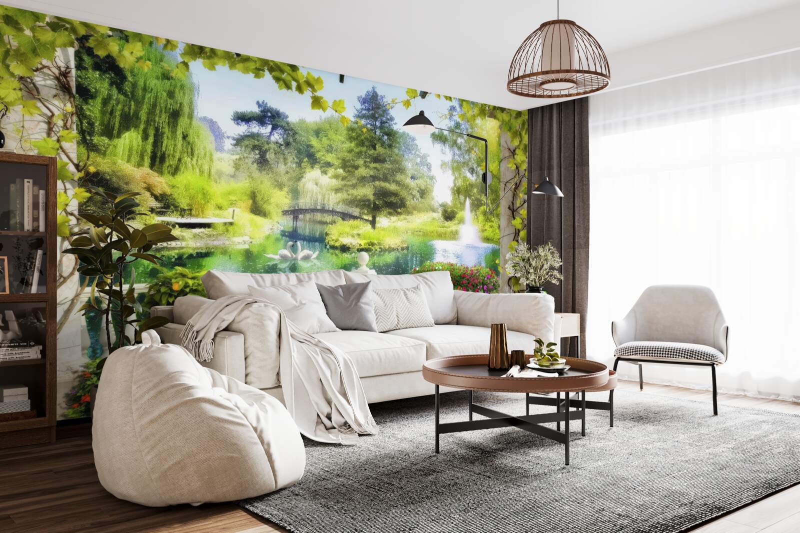 Fototapet o fereastră cu vedere la o cascadă și lebede înotătoare