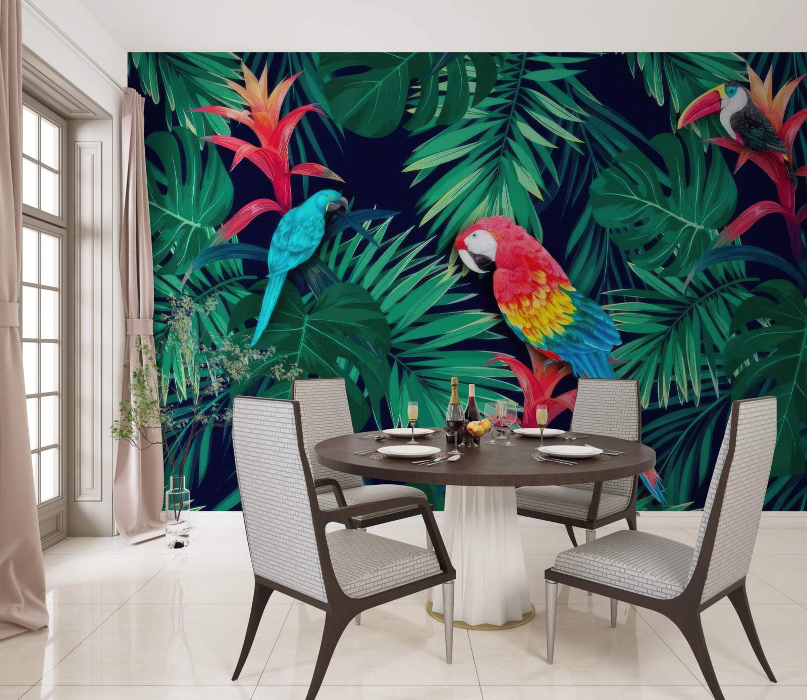 Fototapet papagali pe frunze mari de smarald