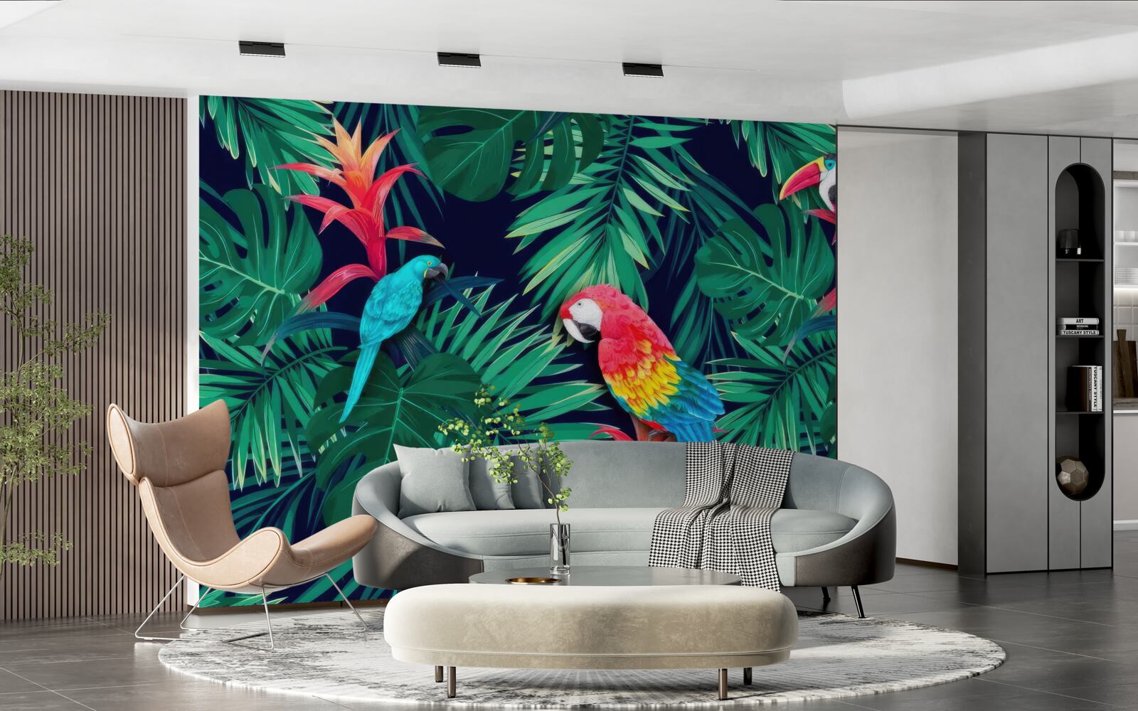 Fototapet papagali pe frunze mari de smarald