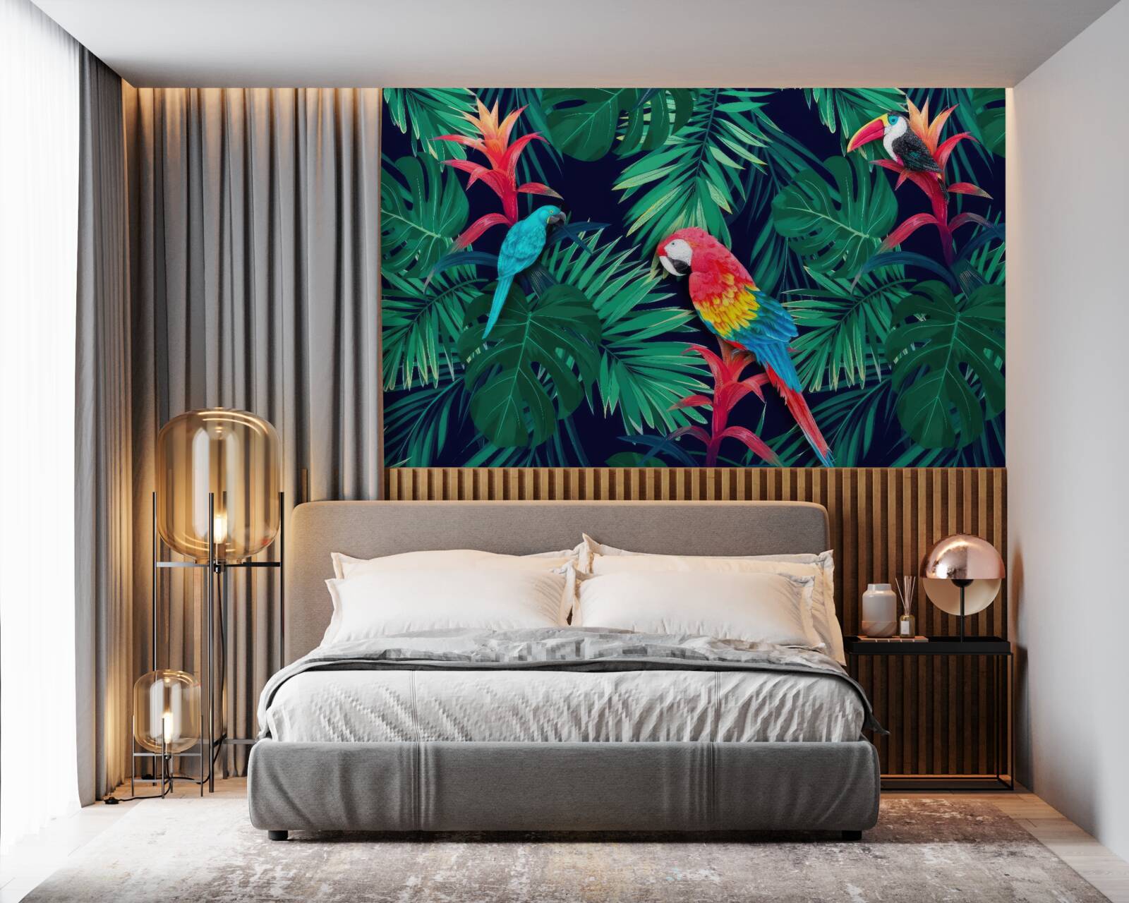 Fototapet papagali pe frunze mari de smarald