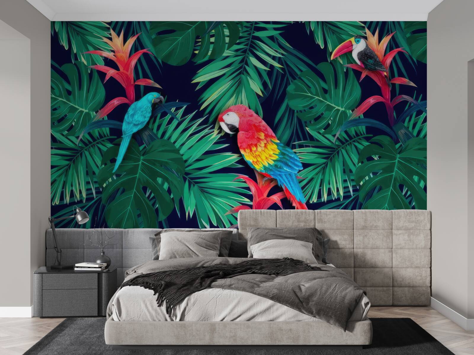 Fototapet papagali pe frunze mari de smarald