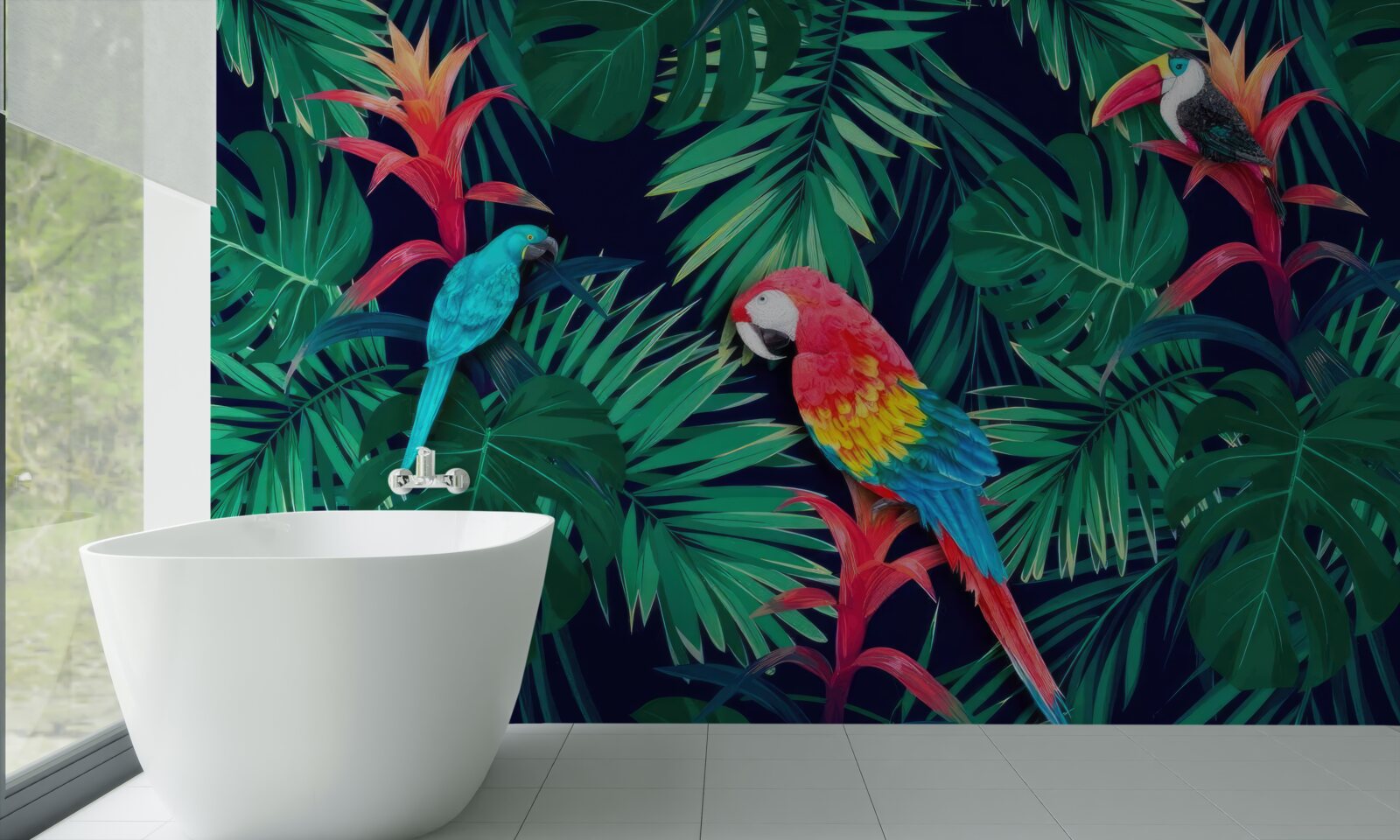 Fototapet papagali pe frunze mari de smarald