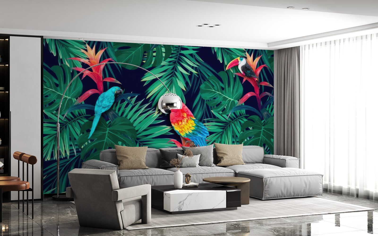 Fototapet papagali pe frunze mari de smarald
