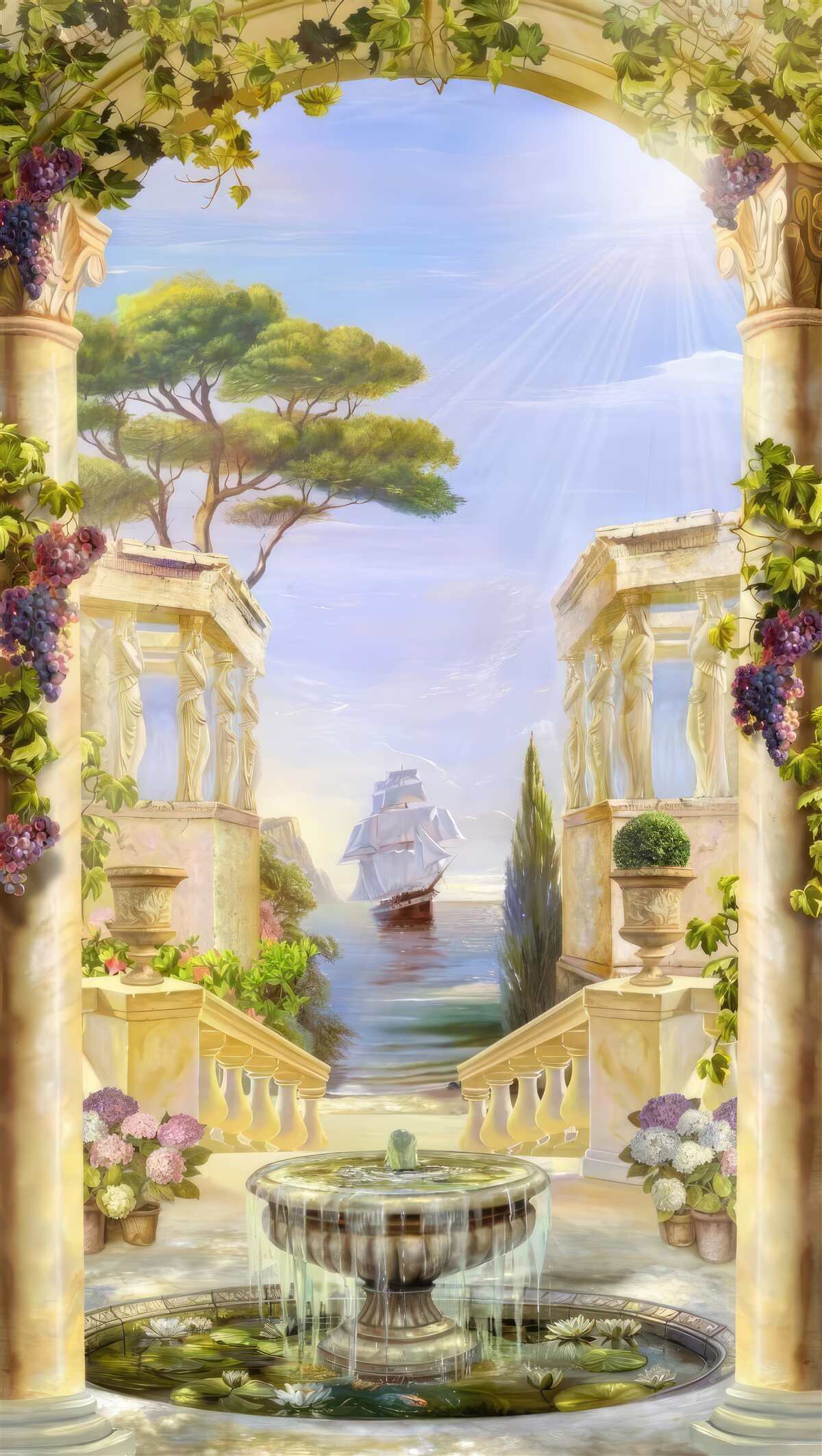 Fototapet fântână și vedere a unei nave care trece