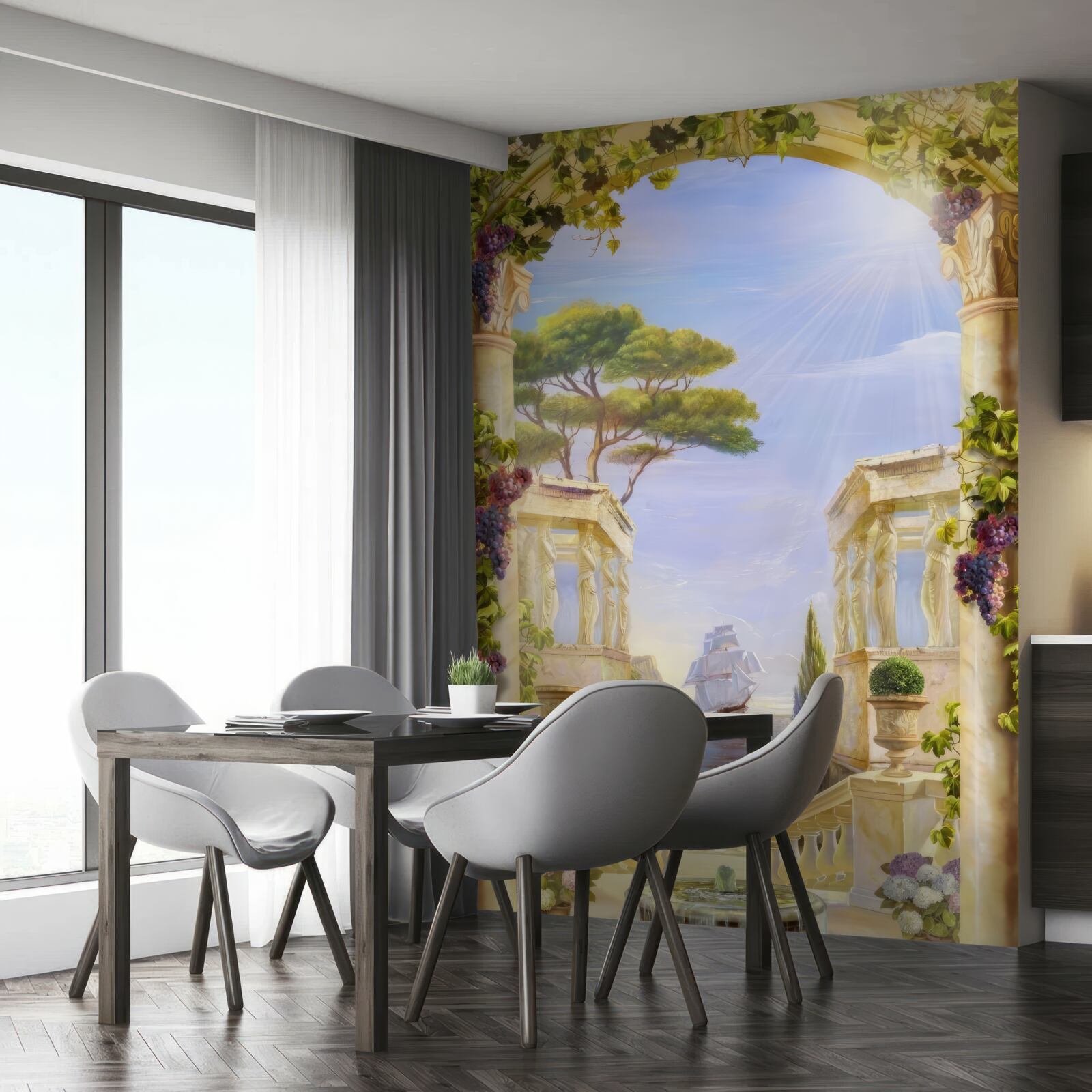 Fototapet fântână și vedere a unei nave care trece