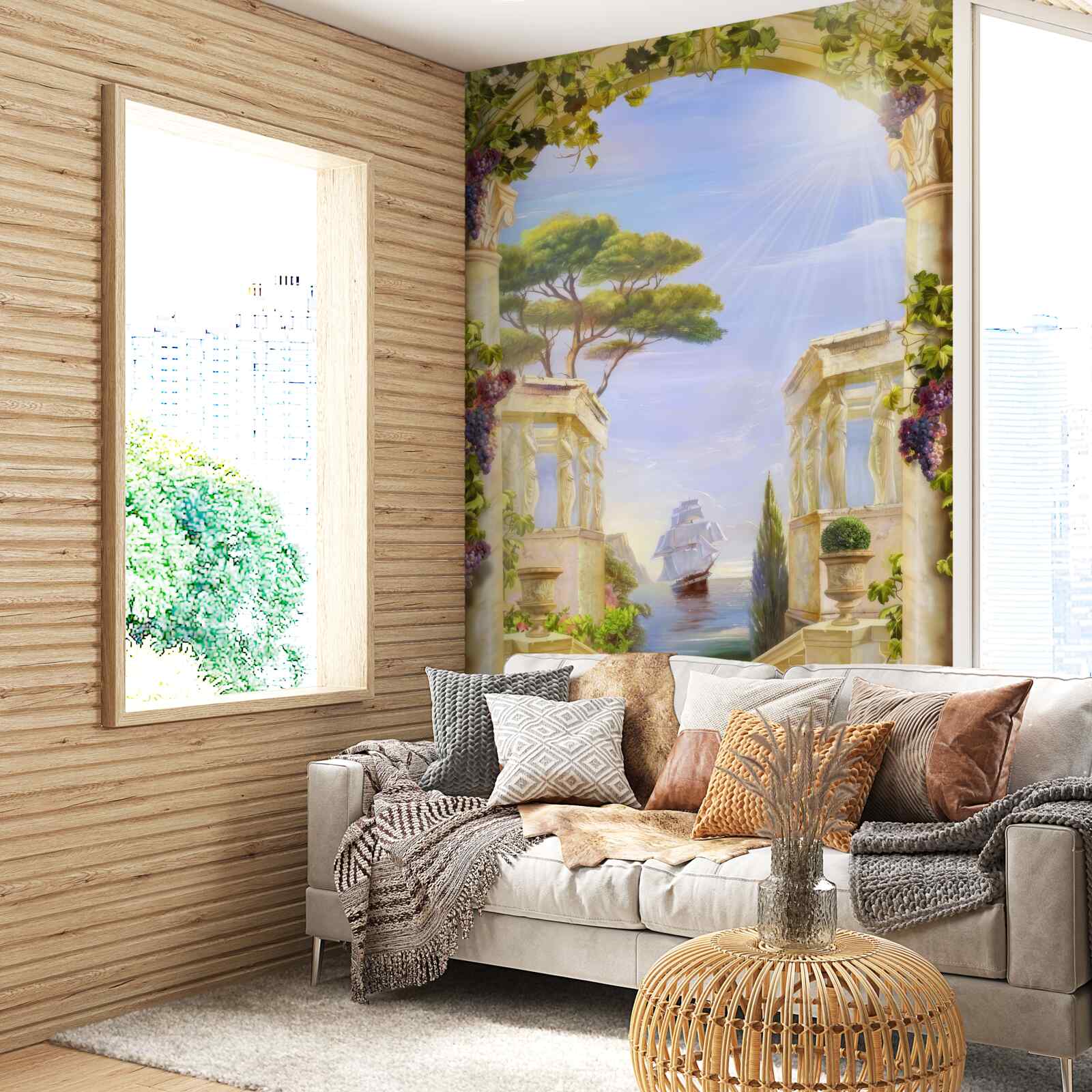 Fototapet fântână și vedere a unei nave care trece