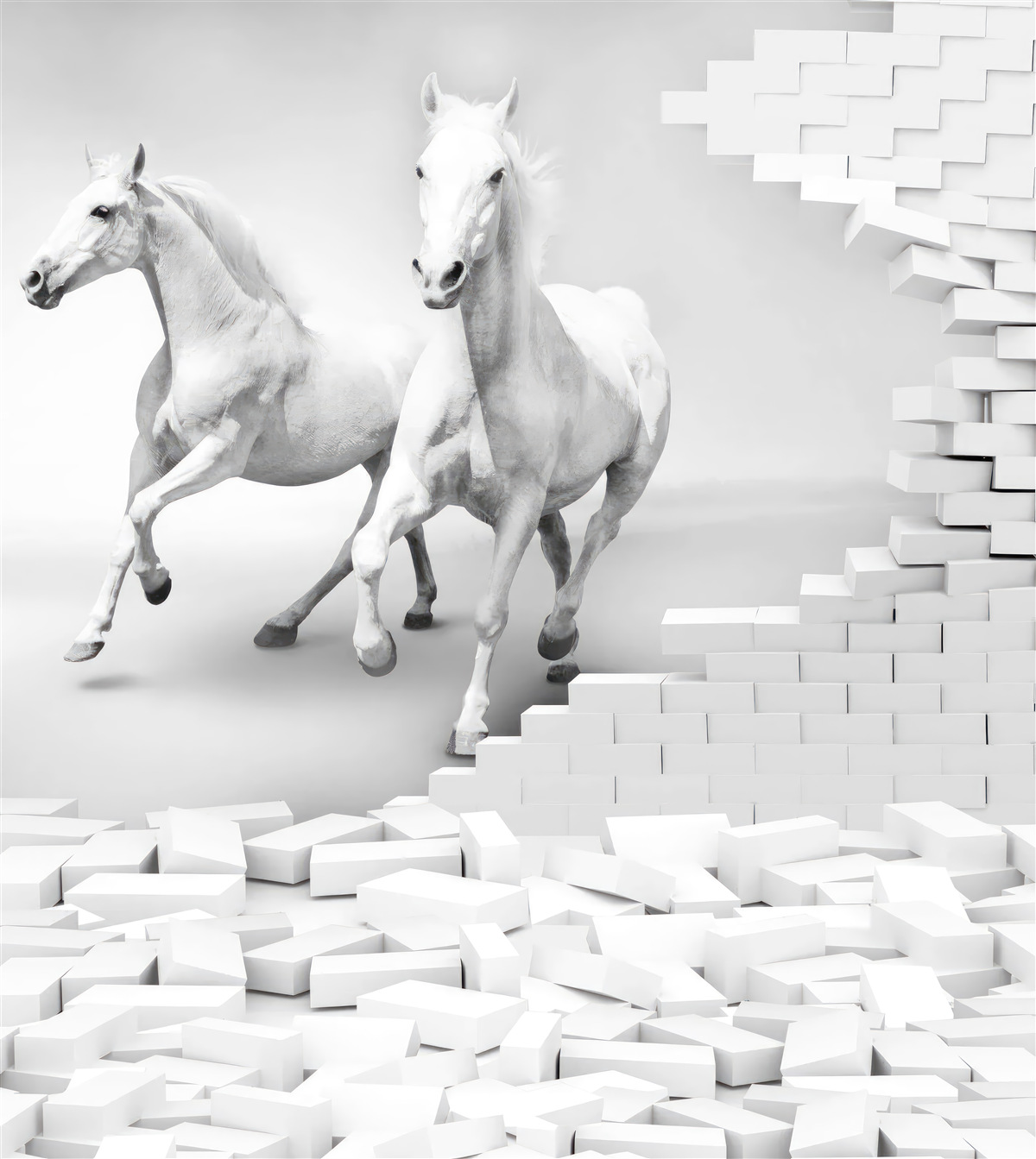 Fototapet cai albi și cărămizi dărăpănate