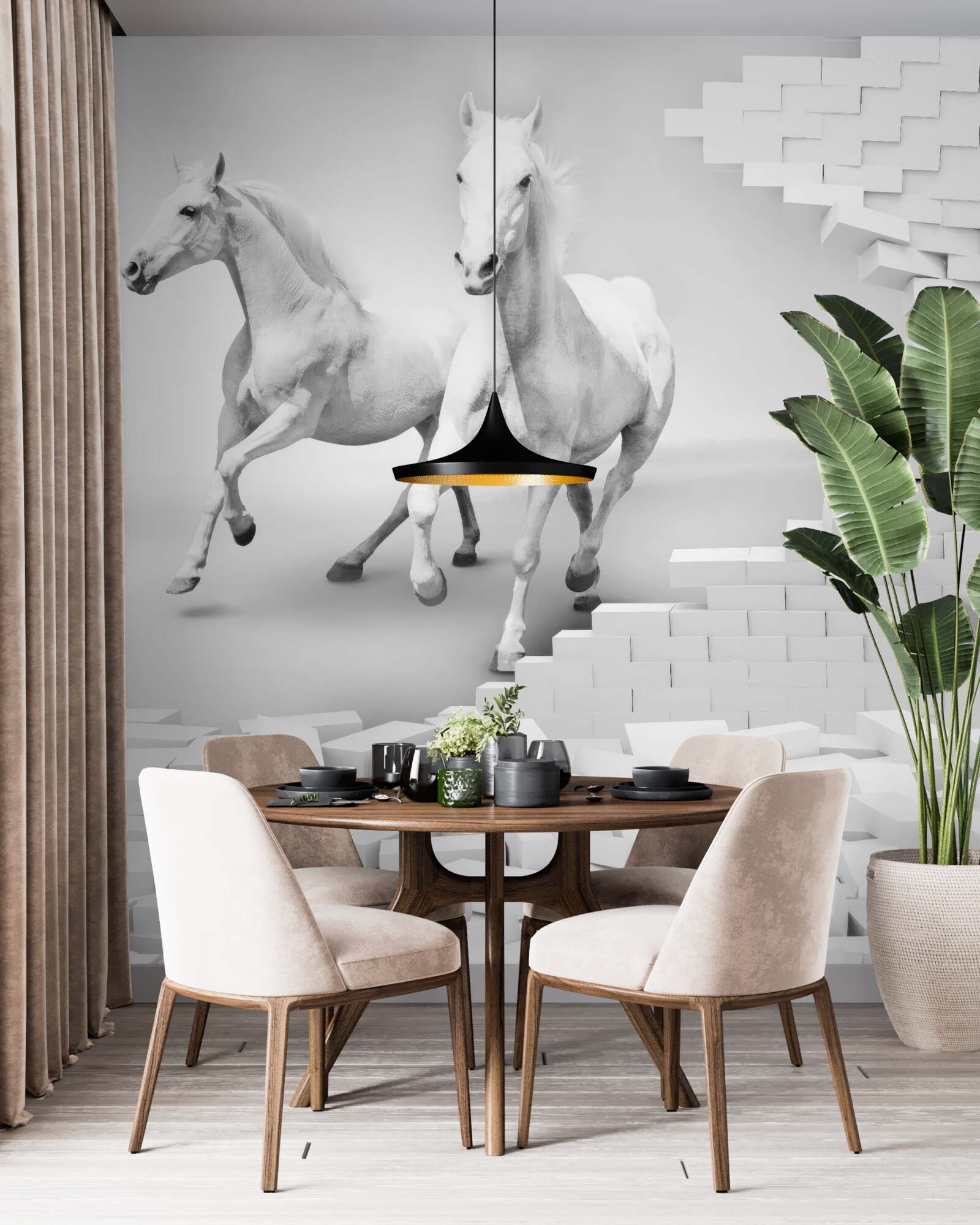 Fototapet cai albi și cărămizi dărăpănate