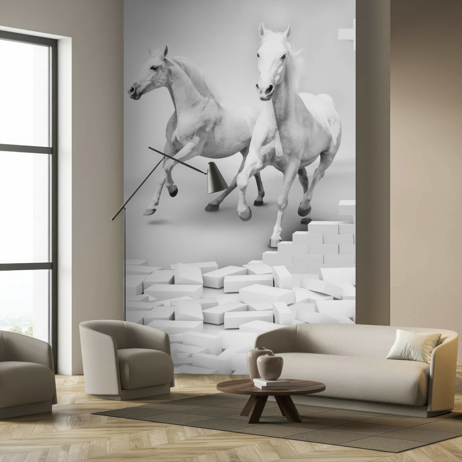 Fototapet cai albi și cărămizi dărăpănate