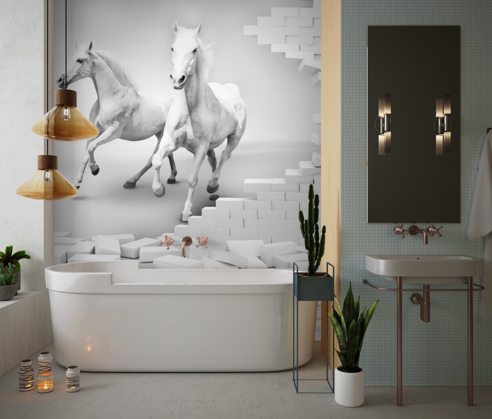 Fototapet cai albi și cărămizi dărăpănate