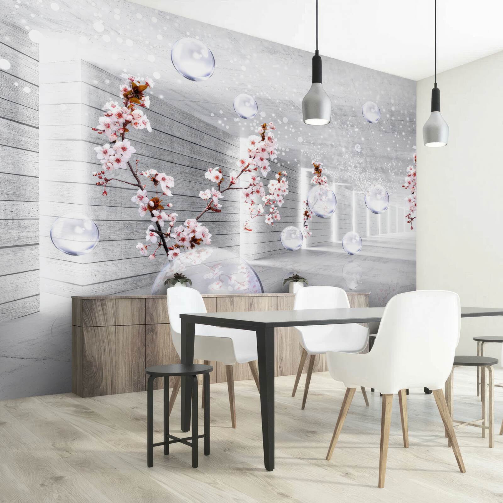 Fototapet o minge de material transparent și flori plasate pe coridor