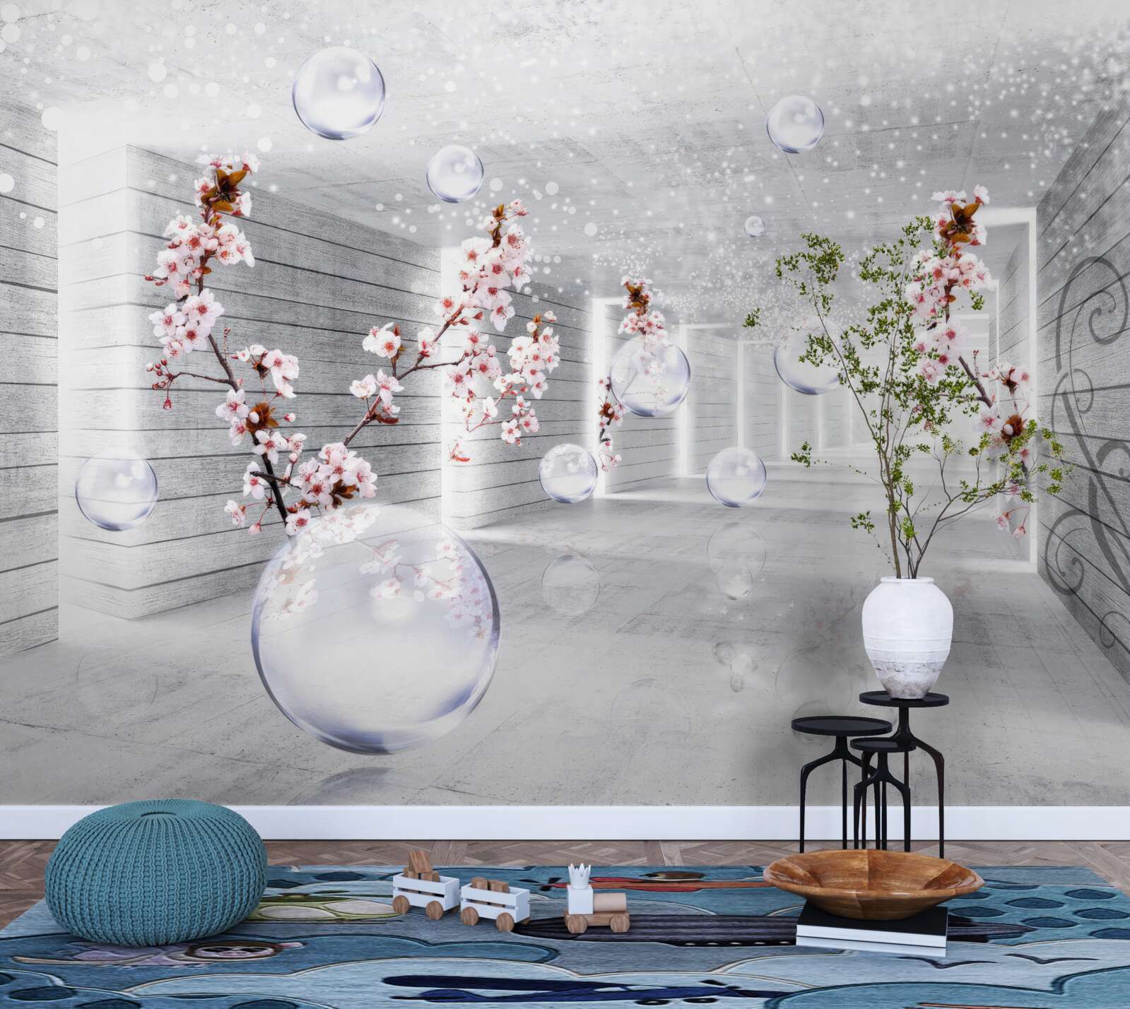 Fototapet o minge de material transparent și flori plasate pe coridor