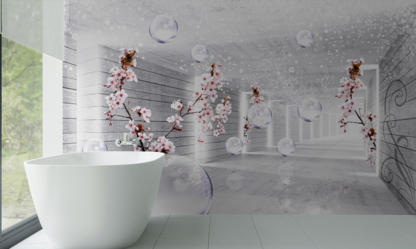 Fototapet o minge de material transparent și flori plasate pe coridor