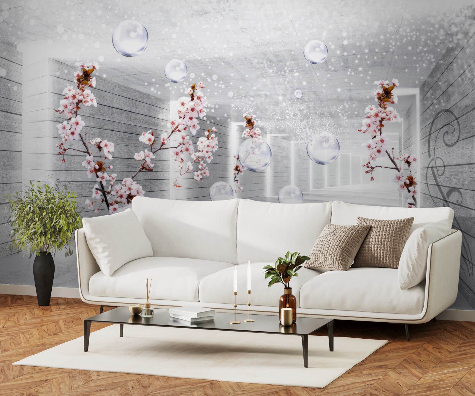 Fototapet o minge de material transparent și flori plasate pe coridor