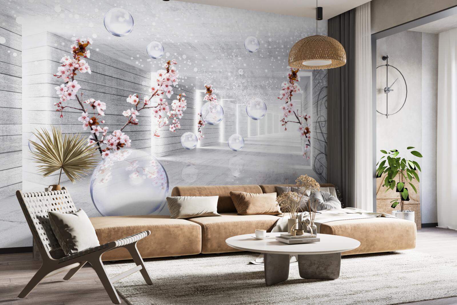 Fototapet o minge de material transparent și flori plasate pe coridor