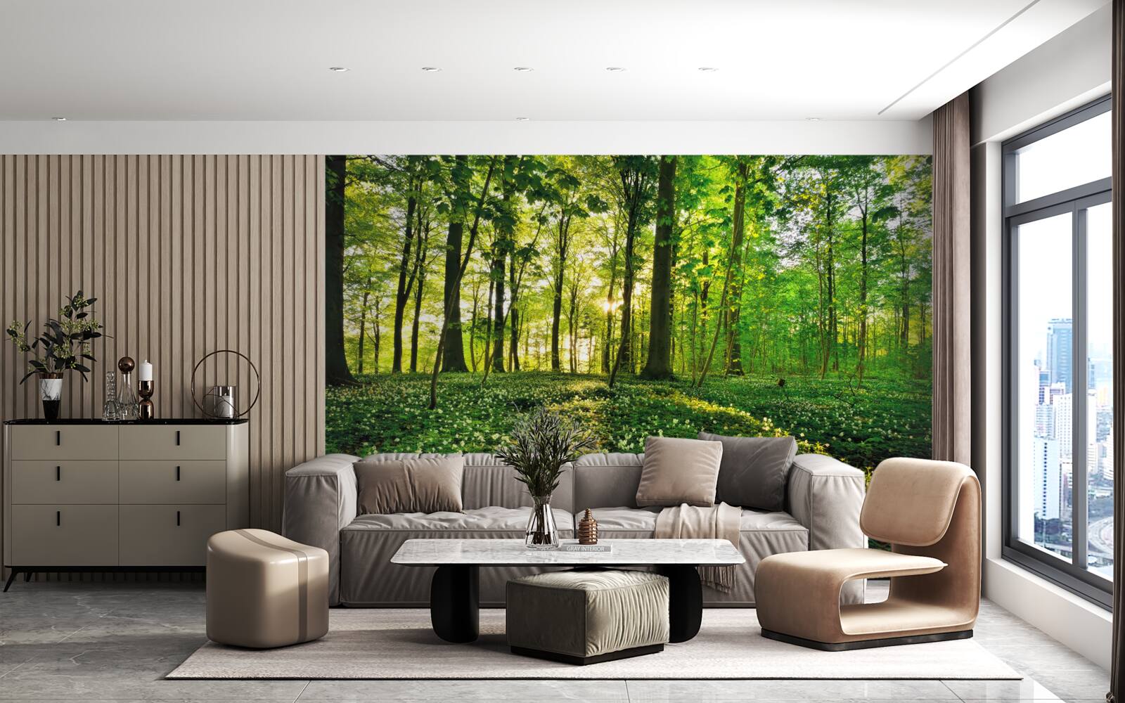 Fototapet un luminiș dintr-o pădure acoperit cu flori