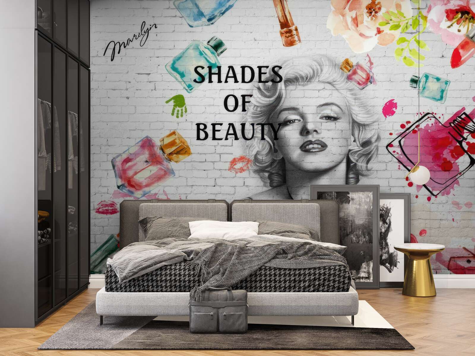 Fototapet monroe pe un perete de cărămidă albă