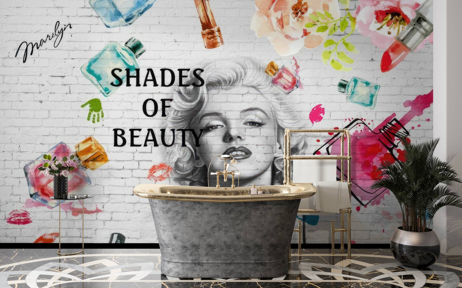 Fototapet monroe pe un perete de cărămidă albă