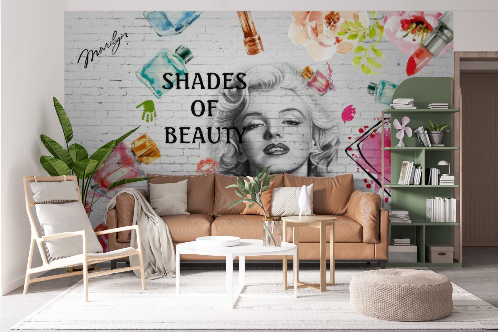 Fototapet monroe pe un perete de cărămidă albă