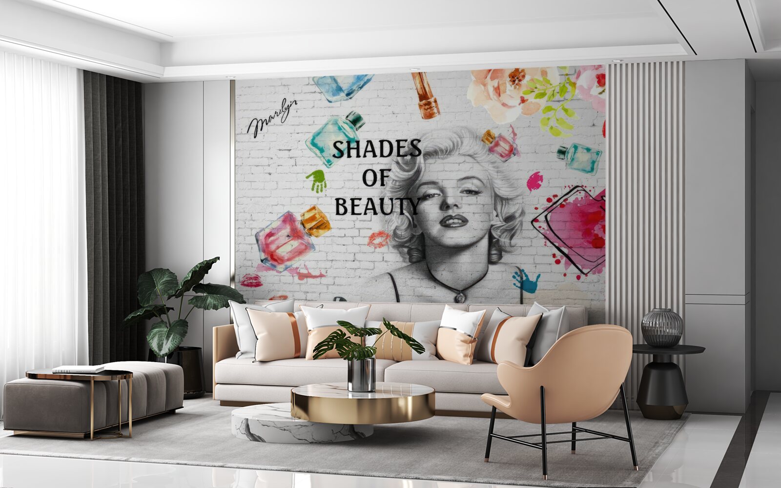 Fototapet monroe pe un perete de cărămidă albă