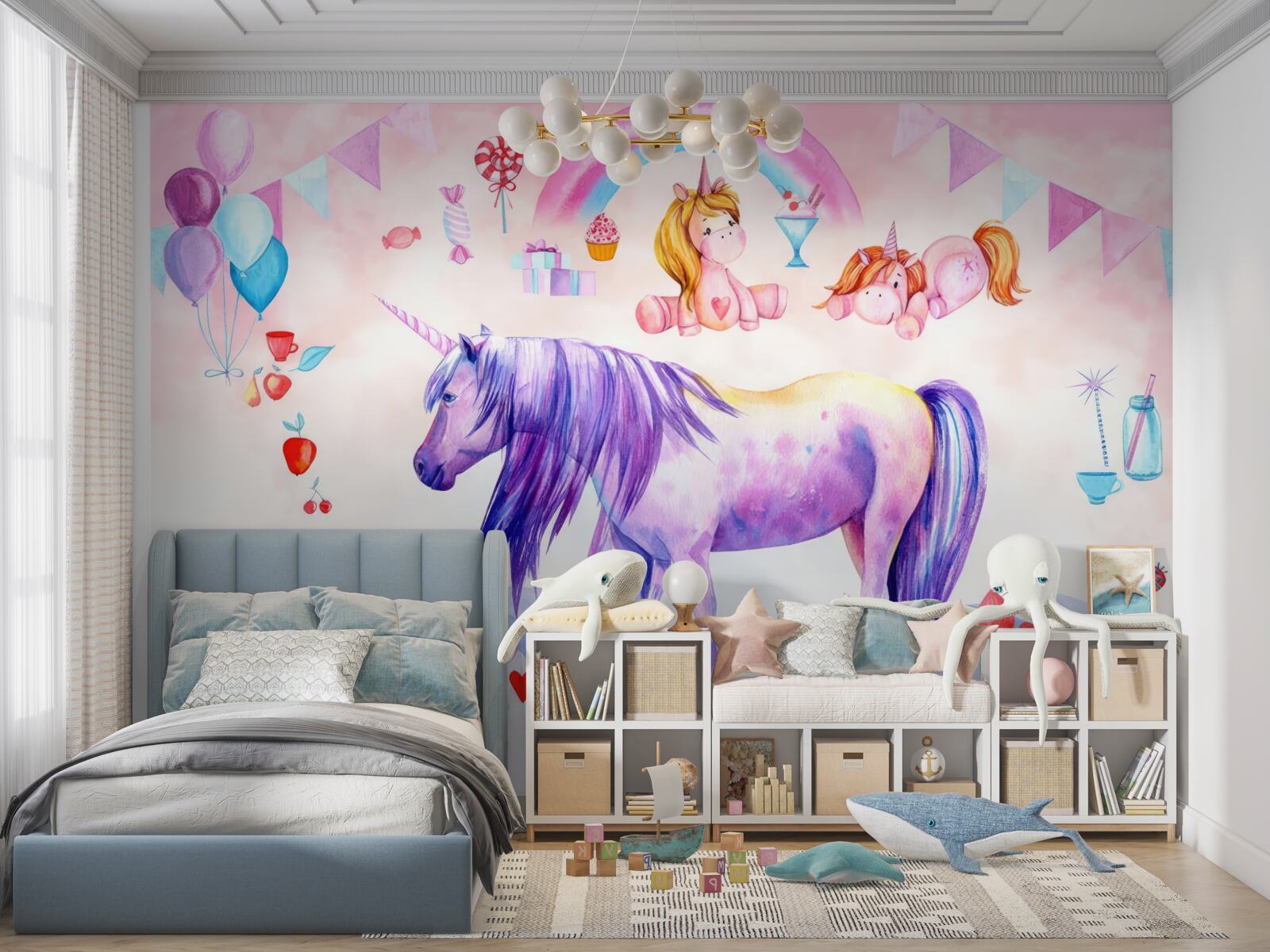 Fototapet unicorni înconjurați de curcubee, flori și cadouri