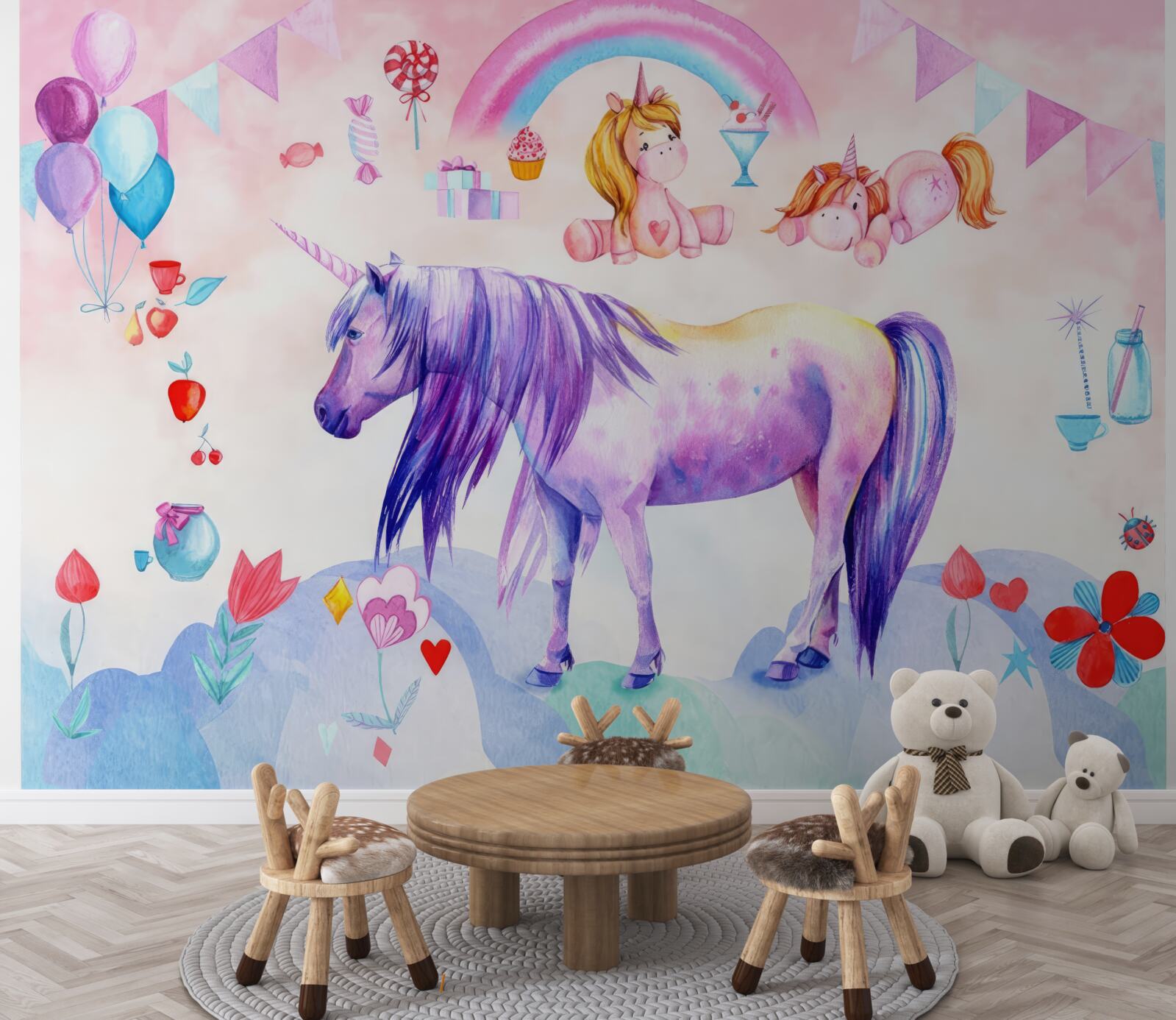 Fototapet unicorni înconjurați de curcubee, flori și cadouri