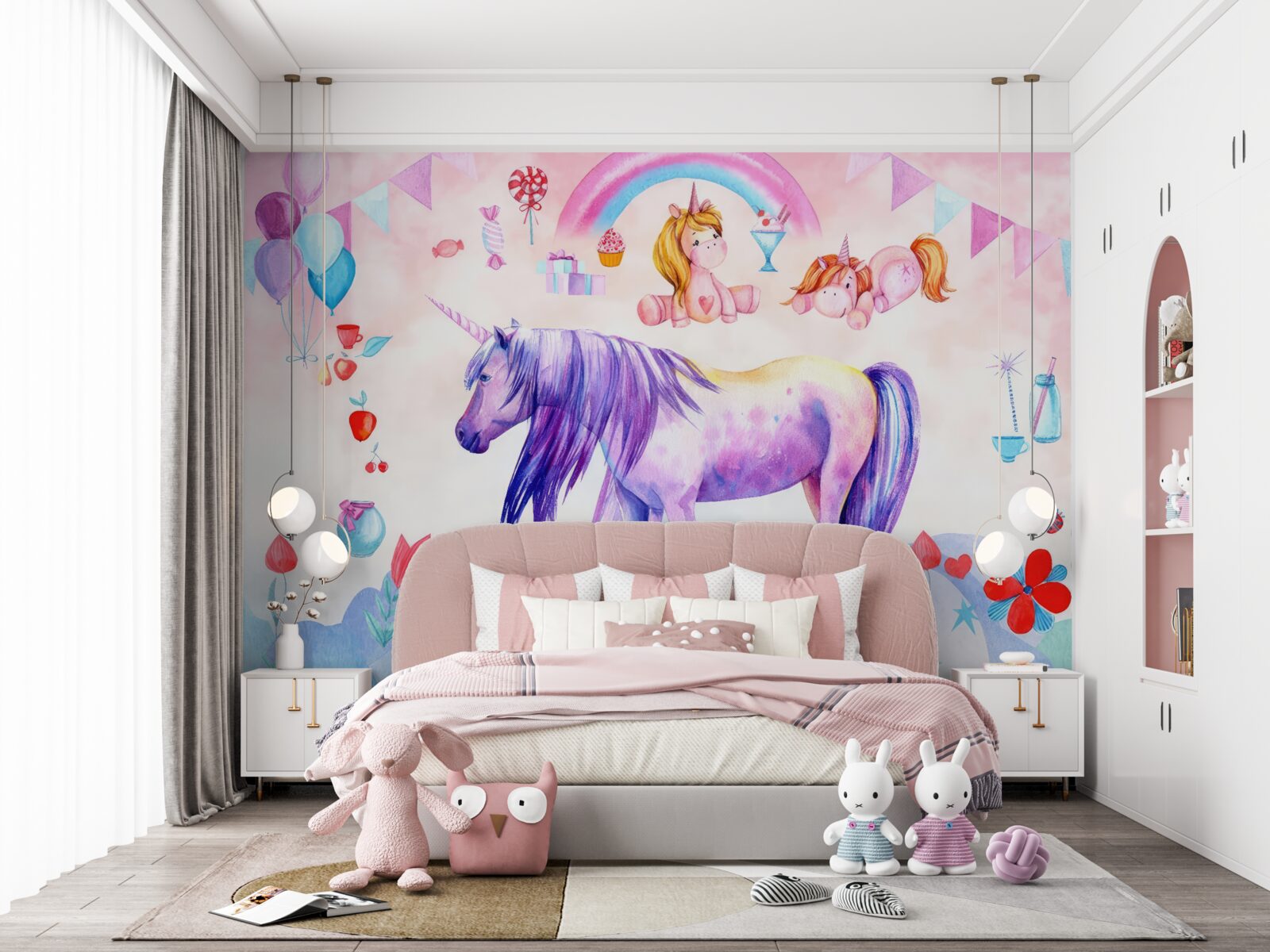 Fototapet unicorni înconjurați de curcubee, flori și cadouri