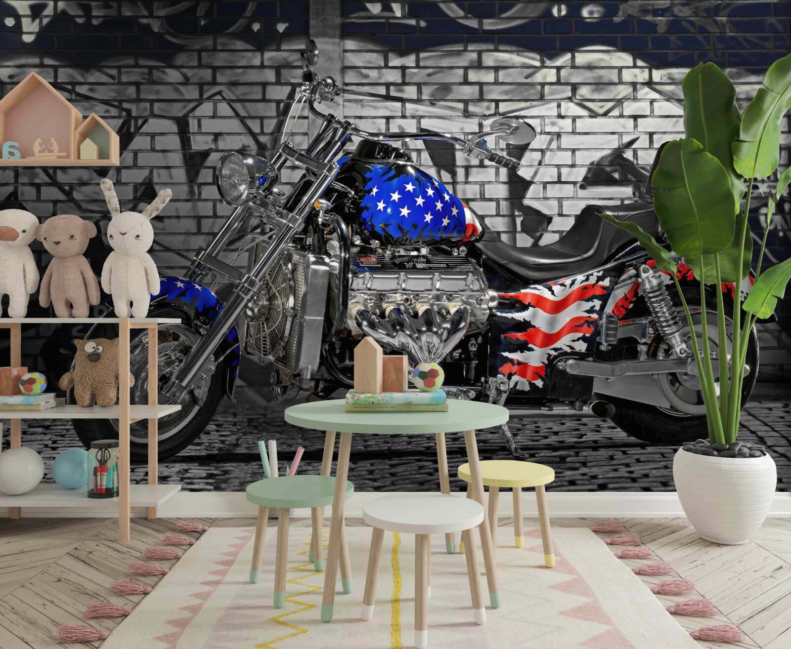 Fototapet motocicletă lângă un perete pictat