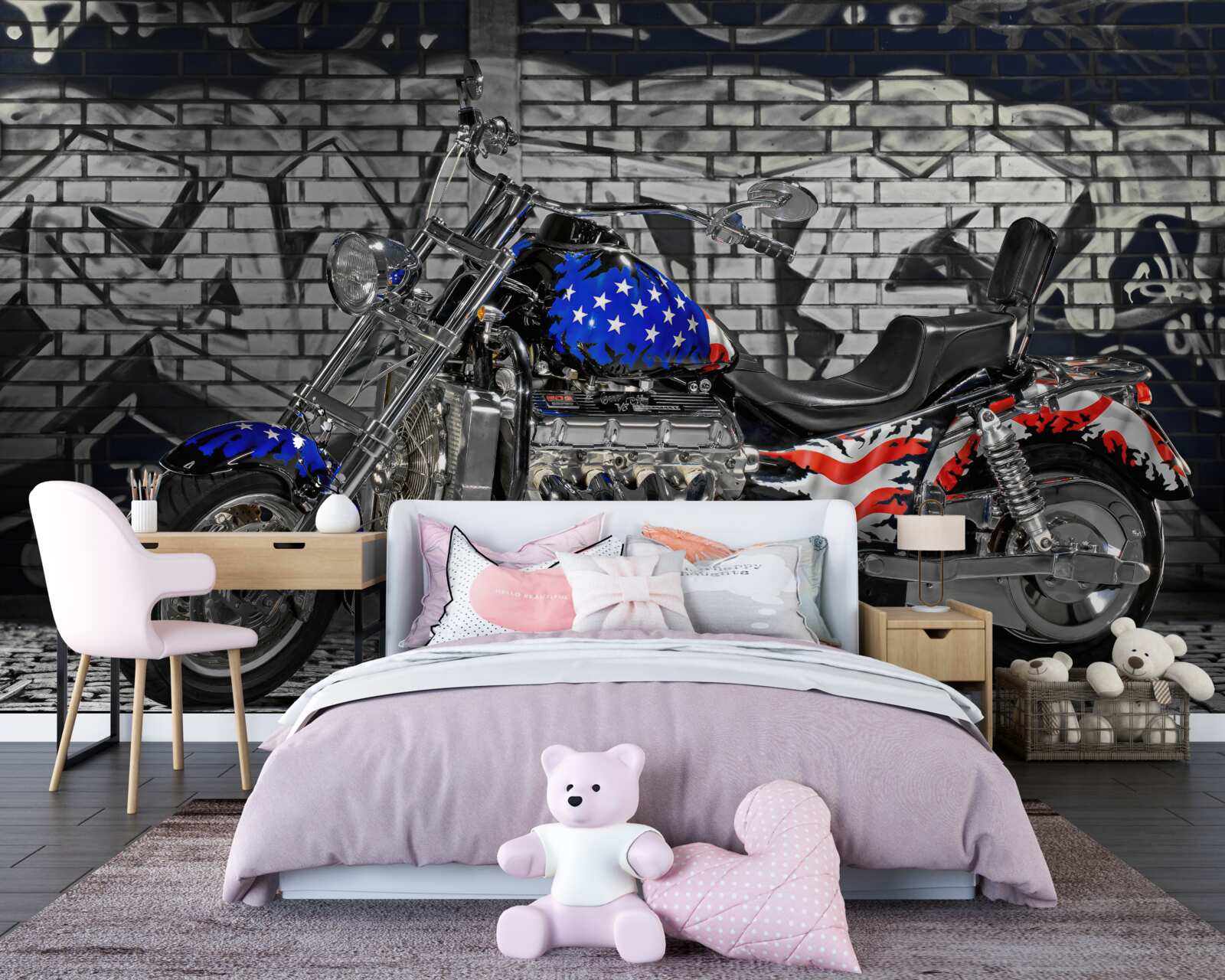 Fototapet motocicletă lângă un perete pictat