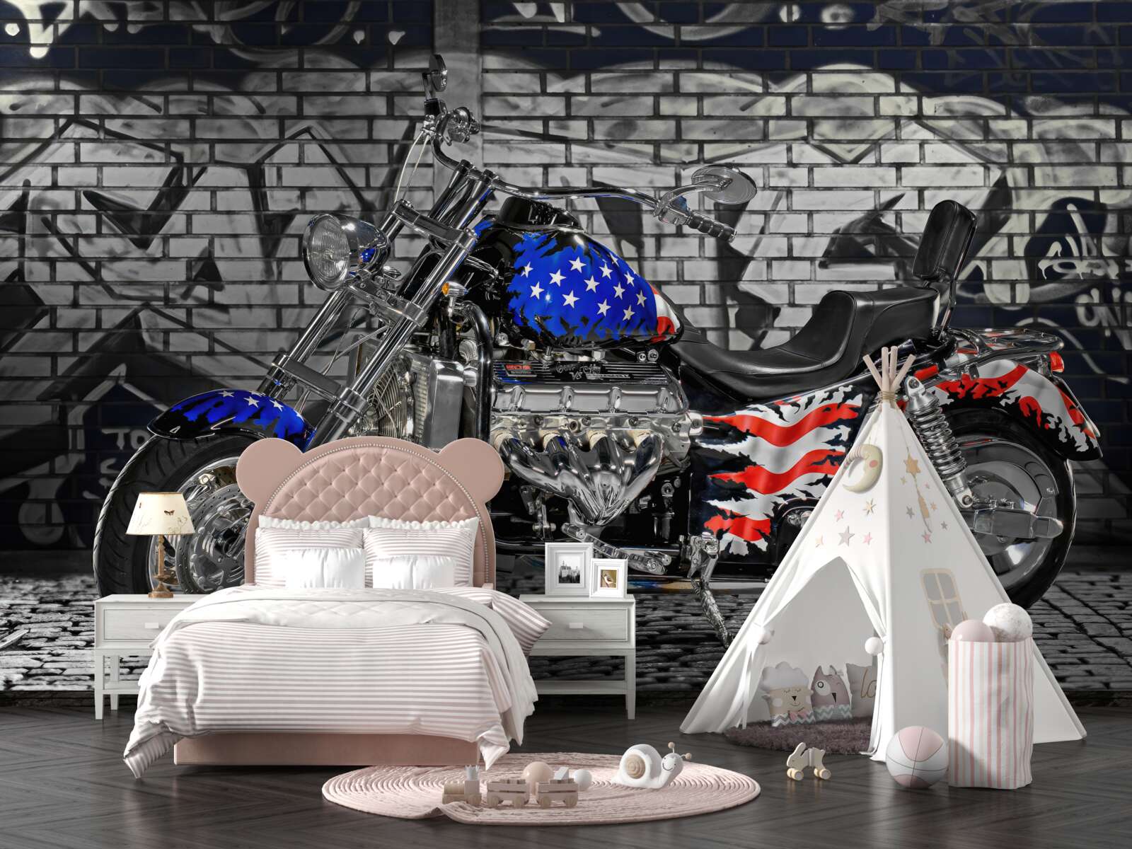 Fototapet motocicletă lângă un perete pictat