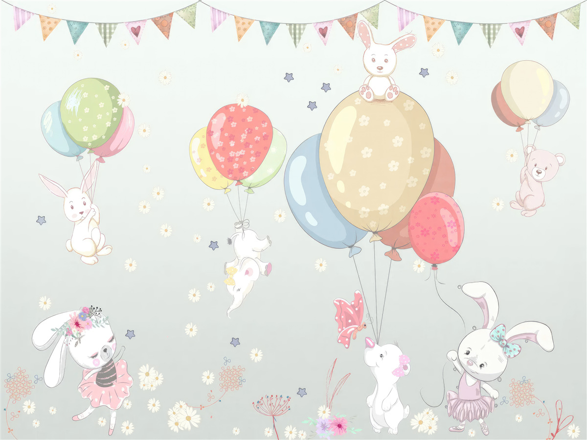 Fototapet iepuri și urși cu baloane