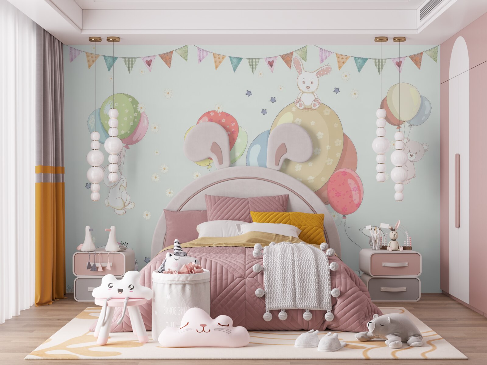 Fototapet iepuri și urși cu baloane