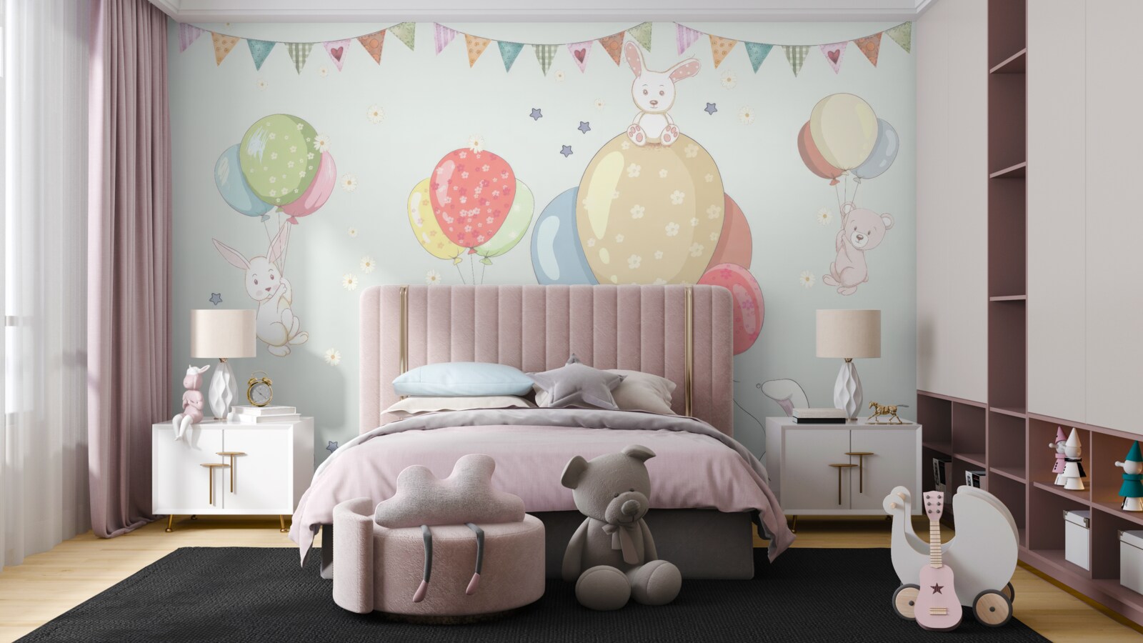 Fototapet iepuri și urși cu baloane